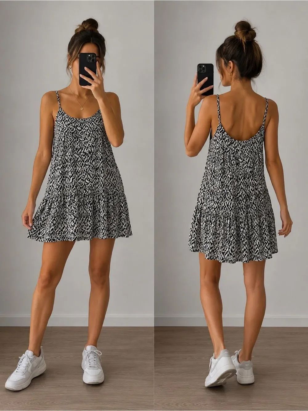 Primark Braided-Strap Tiered Mini Swing Dress Black White Animal Print Size 10